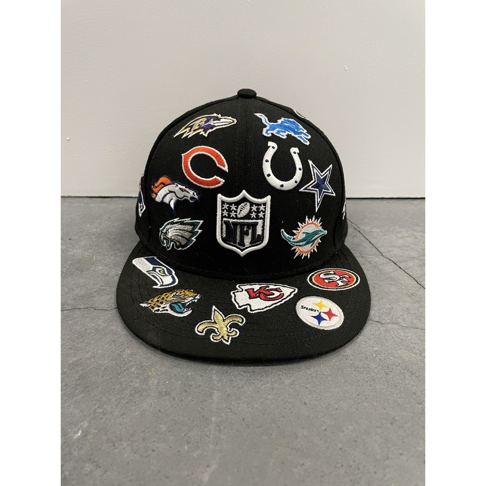 New Era x NFL All Over Logo Patch 59Fifty Fitted Hat Cap Black Sz 7 1/8